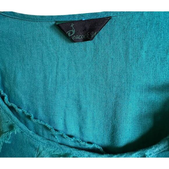 Pecock Ways Artisan 100% Linen Teal Lagenlook Tunic Top Dress Sz L Art To Wear - Picture 3 of 16